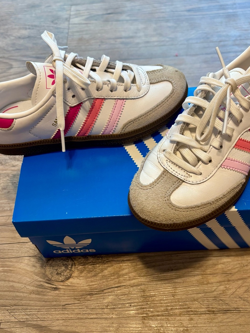 Hard to find adidas Kids Samba Sneakers in White with Pink Stripes